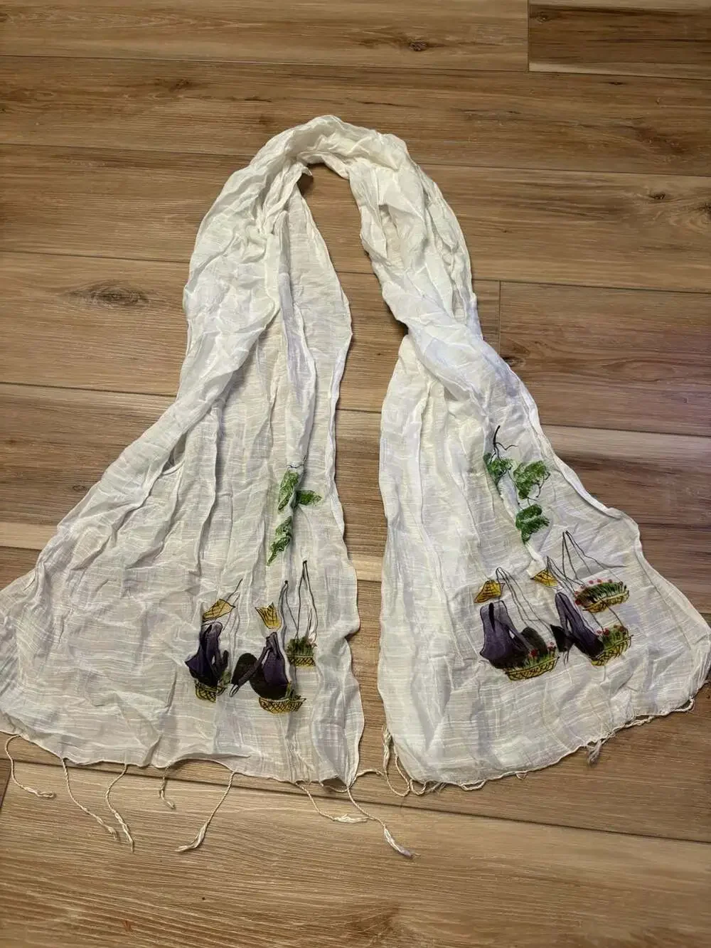 Hand-Painted Traditional Vietnamese Scene Crinkle Cotton Scarf